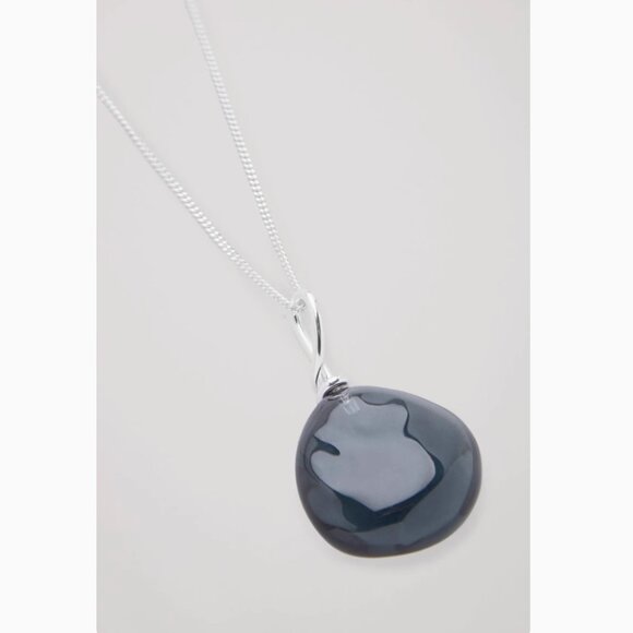 COS Long Glass Pendant Necklace Silver Navy Blue - Picture 1 of 3